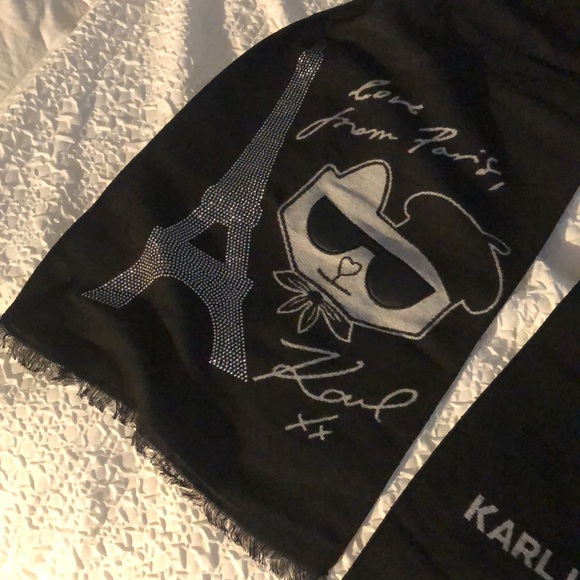 Karl Lagerfeld Black & Gray Rectangular Scarf Studded Eiffel Tower & Choupette - Picture 10 of 16